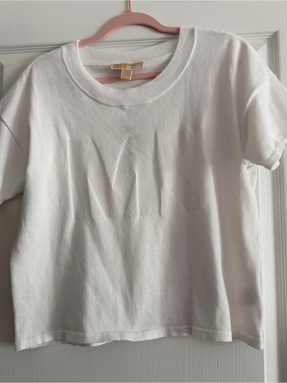 Michael Kors White Embossed Logo Short Sleeve Sweater